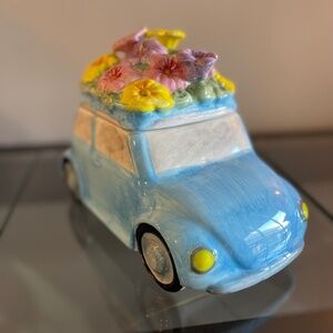 Vtg Maxcera Cookie Jar Volkswagen Beetle VW Bug Car Blue Ceramic Spring Flowers
